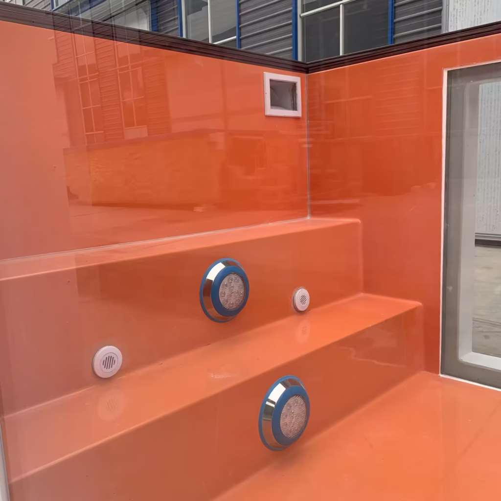 20ft Container Swimming Pool with Fiberglass Window | White Outdoor Pool with Orange Interior - Image 5