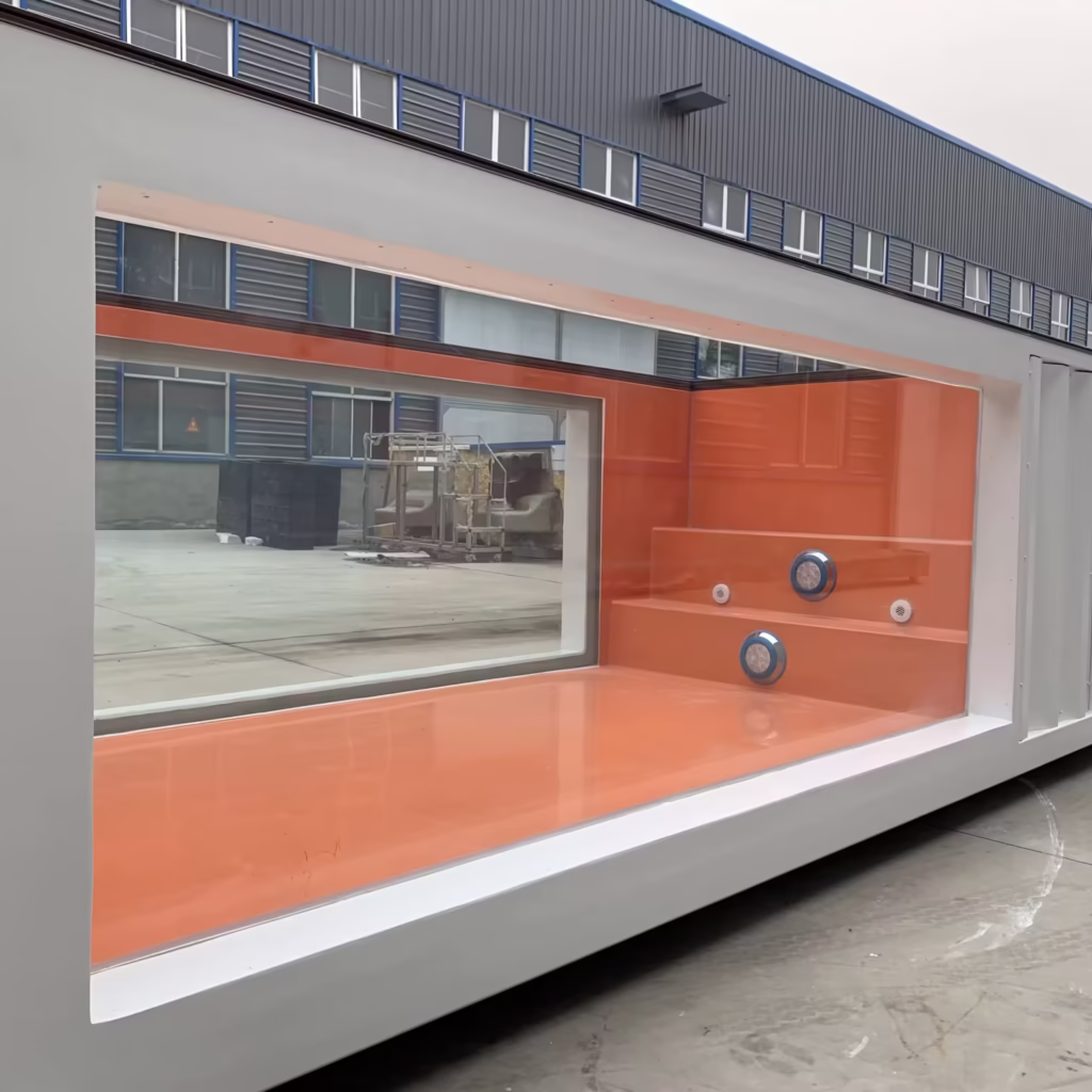 20ft Container Swimming Pool with Fiberglass Window | White Outdoor Pool with Orange Interior - Image 8