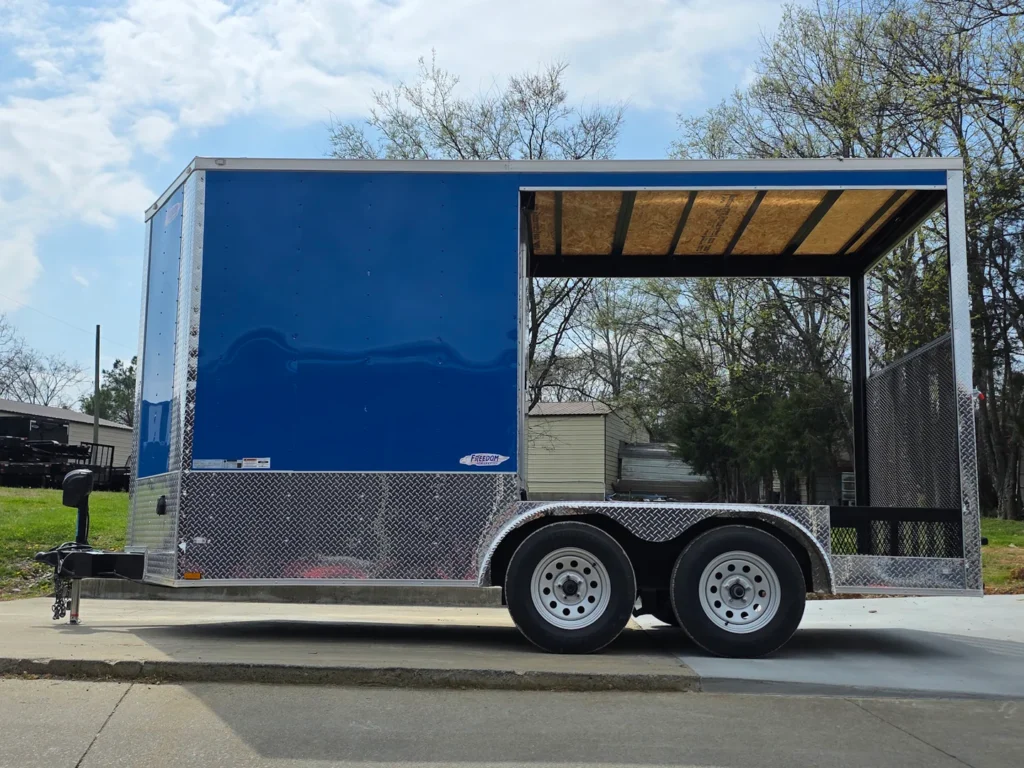 7'x14' Blue V-Nose Hybrid Enclosed Rear Bi-Fold Loading Gate 2-3500lb Axles